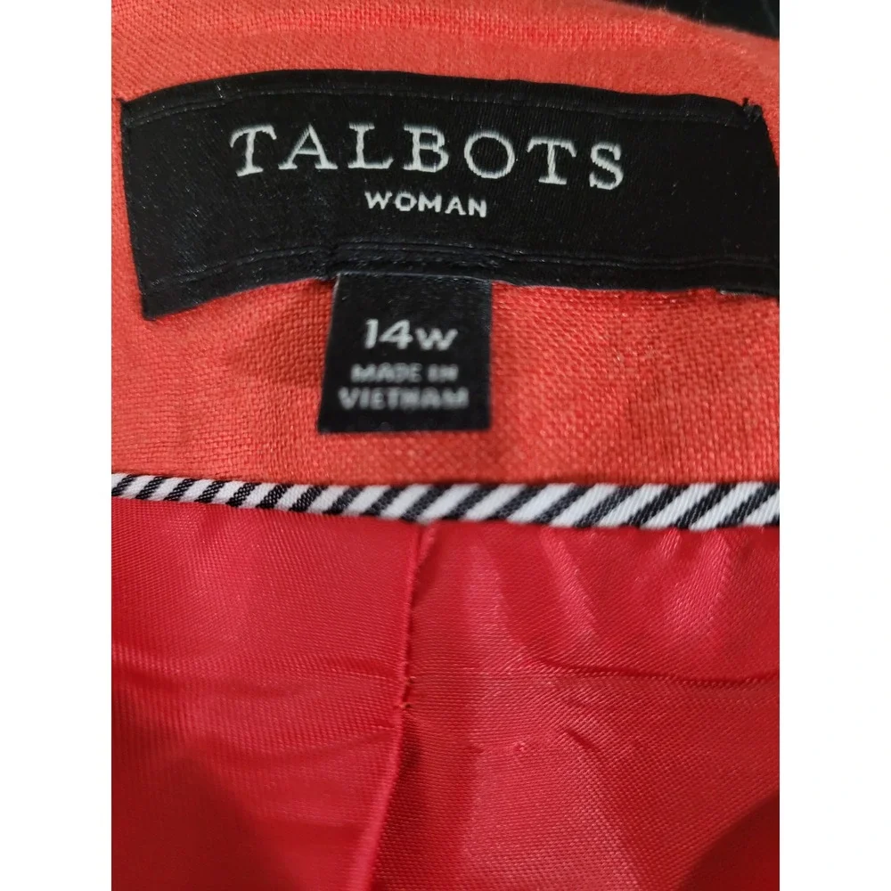 Talbots Blazer Women 14W Coral Red Good‎ 100% Linen Collarless Snap Front Jacket